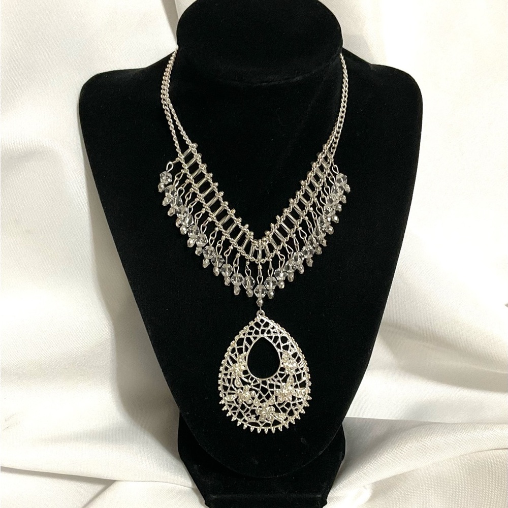 Silver Tone Statement Necklace Featuring Rhinestone Beadwork & Crystals - Picture 2 of 6